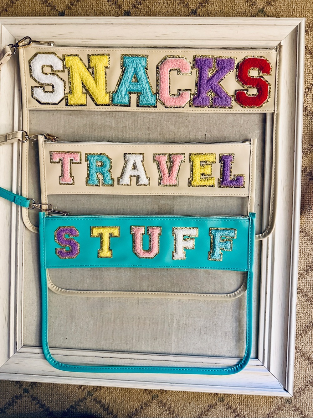 Travel Pouches w chenille lettering set of 3 NWOT